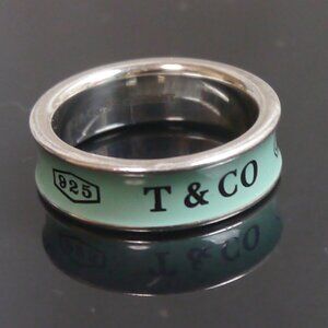 Sz 9 Tiffany & Co. 1837 Concave Blue Enamel Band Ring Silver Gift RARE